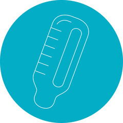 Simple Outline Illustration of a Medical Thermometer with Measurement Lines on a Solid Cyan Circle Background