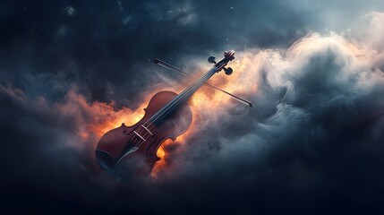 Fototapeta premium Enchanting Violin Surrounded by Ethereal Clouds and Mystical Lighting Effects