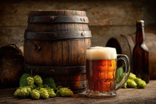 Refreshing cold craft beer poured into a glass beside a rustic wooden barrel with green hops on a wooden bar top