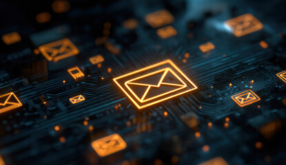 Email symbol glows on circuit board representing digital communication and connectivity in modern technology, showcasing data transfer and information flow.