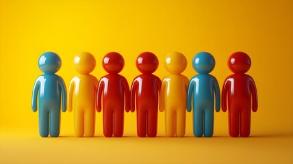Many colorful male figures standing in a row on a yellow background. Concept banner template of diverse team, unity, and inclusion in a social group.