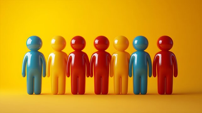 Many colorful male figures standing in a row on a yellow background. Concept banner template of diverse team, unity, and inclusion in a social group.