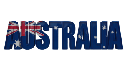 Prominent 3D text 'AUSTRALIA' designed with the national flag's blue, red, white, Union Jack, and stars, on a solid transparent background. background removed