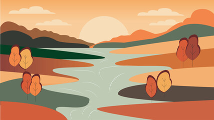 Autumn vector landscape with river and hills