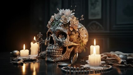 Decorative skull adorned with flowers surrounded by candles and jewelry on a dark wooden surface