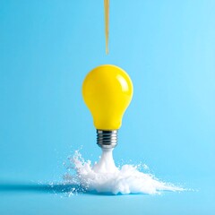 A yellow lightbulb is fueled by liquid, resembling a rocket launch against a bright blue backdrop, with a splash of foam