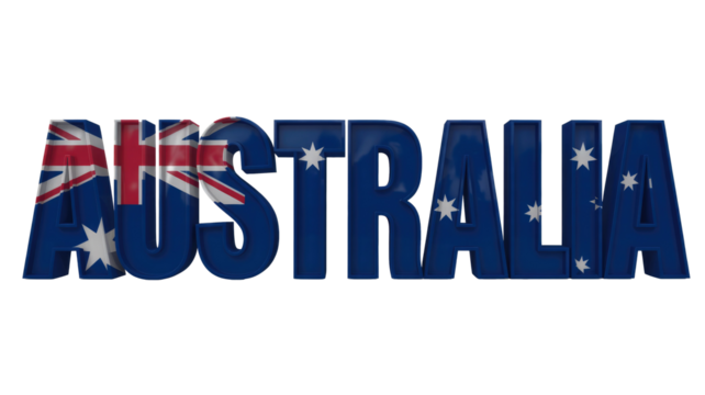 Prominent 3D text 'AUSTRALIA' designed with the national flag's blue, red, white, Union Jack, and stars, on a solid transparent background. background removed