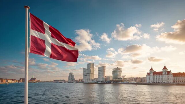 Dynamic Copenhagen waterfront scene with Denmark flag waving gently in the breeze, 4K