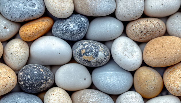 Close-up of smooth, rounded pebbles in various neutral colors and textures, creating a natural, textured background. - Powered by Adobe