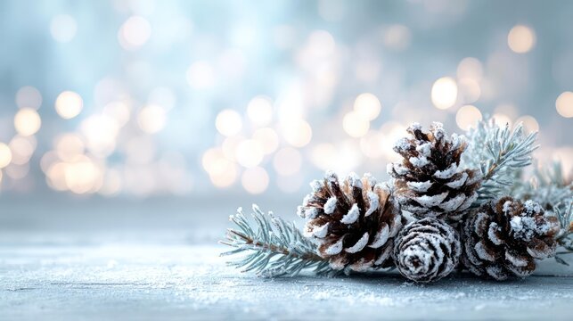 Soft focus winter wonderland scene with frosted pine cones and snow dusted evergreen branches against a bokeh light background - Powered by Adobe