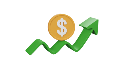 A 3D render of a dollar coin resting on an upward-trending green arrow, symbolizing financial growth and increasing wealth. background removed