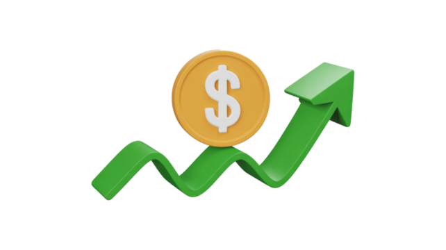 A 3D render of a dollar coin resting on an upward-trending green arrow, symbolizing financial growth and increasing wealth. background removed - Powered by Adobe