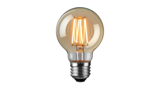 A glowing, vintage-style LED filament light bulb with an amber tint, emitting warm light, on a plain transparent background. Energy-efficient illumination. background removed
