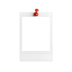 Blank white instant photo frame pinned with a red thumbtack isolated on transparent background