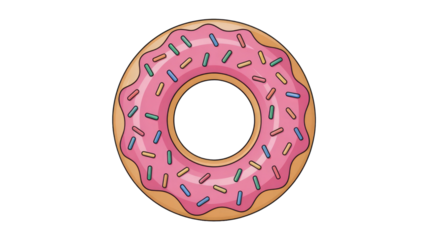 A delightful cartoon donut illustration with vibrant pink frosting and colorful sprinkles, ideal for sweet treat and bakery themes. background removed