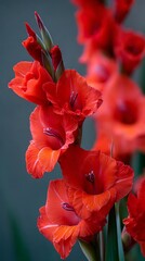 High quality image of stunning gladiolus flowers in full bloom, showcasing their vibrant red color.