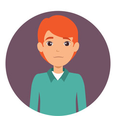 Portrait of a Young Man with Short Red Hair Wearing a Teal Collared Shirt and White Undershirt Set Against a Soft Purple Circular Background