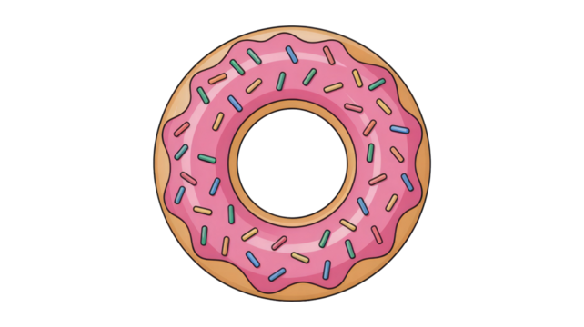 A delightful cartoon donut illustration with vibrant pink frosting and colorful sprinkles, ideal for sweet treat and bakery themes. background removed