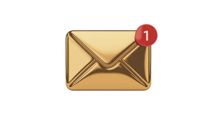 A golden mail envelope displays a red notification badge with '1', indicating an unread message. Simple, elegant, and signifying new communication. background removed