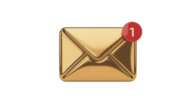 A golden mail envelope displays a red notification badge with '1', indicating an unread message. Simple, elegant, and signifying new communication. background removed - Powered by Adobe