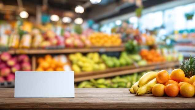 Fresh produce sits on wooden counter in grocery store with blurred fruit and vegetables in background, creating a healthy and vibrant atmosphere. - Powered by Adobe