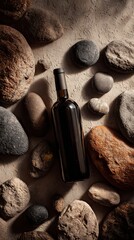 High quality image of wine bottle on a background of stones in a studio shot, top view.