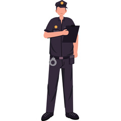 Police Officer in Uniform Holding Clipboard and Pen Ready to Record Information Full Body Shot Isolated on White Background Studio Portrait