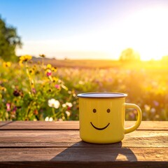 A yellow mug with a smiling face sits on a wooden surface, with a vibrant flower field and setting sun in the background