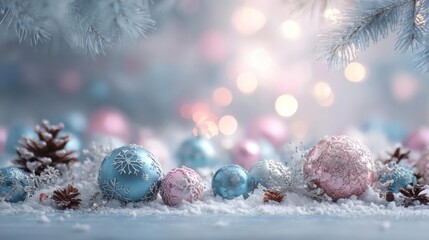 Soft focus winter holiday scene with sparkling christmas ornaments pine cones and bokeh lights on a snowy surface