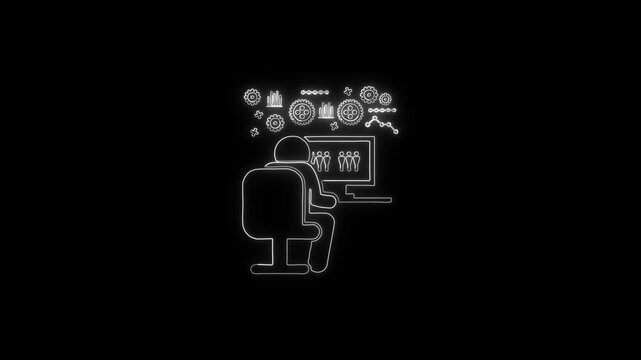 Neon Illustration of Programmer at Computer with Digital Icons &ndash; Glowing Tech Concept animation on the black background.