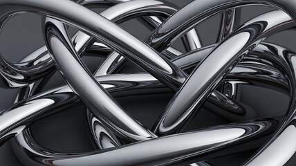 Abstract tangle of shiny chrome metallic tubes creating a reflective knot