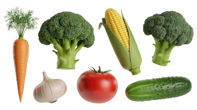 A vibrant 3D rendering of various fresh vegetables including carrot, broccoli, corn, garlic, tomato, and cucumber. background removed