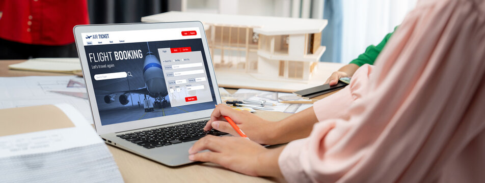 Online flight booking website provide brisk reservation system . Travel technology concept .