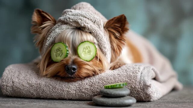 Pampered pup enjoying spa day with cucumber eye treatment and soothing massage stones, 4K