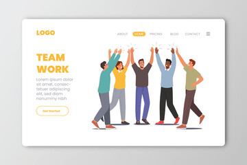 Team work flat horizontal web site banner with group of happy people vector illustration