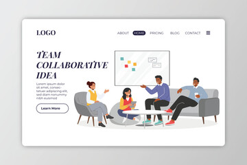 Team work flat horizontal web site banner with group of happy people vector illustration