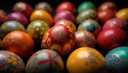 Fototapeta premium Abstract Easter Egg Textures Macro photograph of multiple intricately decorated Easter eggs, showcasing a variety of vibrant abstract patterns, textures, and vibrant colors. No people, text, or