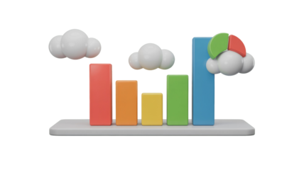 A vibrant 3D bar chart visualizing data, featuring stylized clouds and a pie chart, combining statistics with cloud computing concepts. background removed