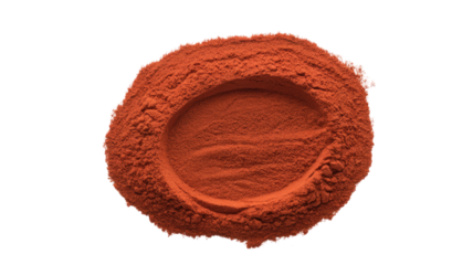 A vibrant reddish-orange powder, possibly paprika or chili, forming a circular mound with a hollowed center, set against a solid transparent background. background removed