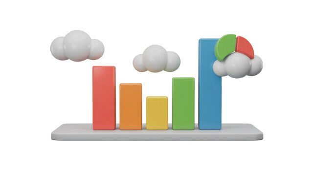 A vibrant 3D bar chart visualizing data, featuring stylized clouds and a pie chart, combining statistics with cloud computing concepts. background removed