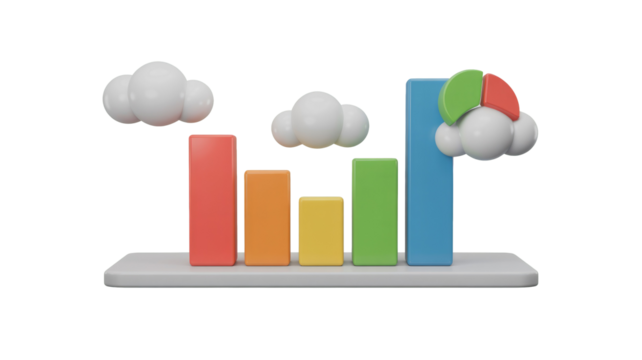 A vibrant 3D bar chart visualizing data, featuring stylized clouds and a pie chart, combining statistics with cloud computing concepts. background removed