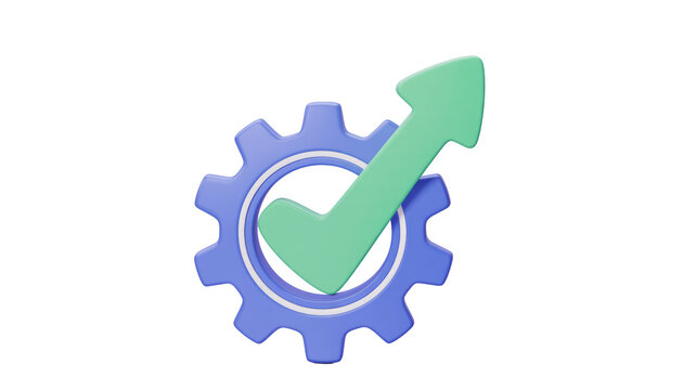 A 3D rendering of a blue gear icon with a green checkmark transforming into an upward arrow, symbolizing successful process optimization and progress. background removed