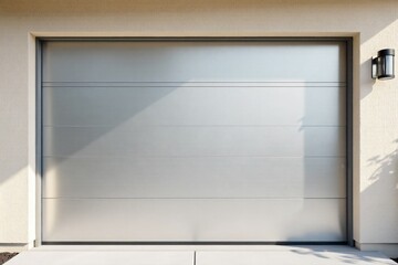 Modern Garage Door Installation A close up, eye level shot of a modern, minimalist garage door on a contemporary house. The door is made of brushed aluminum with horizontal paneling. The surrounding