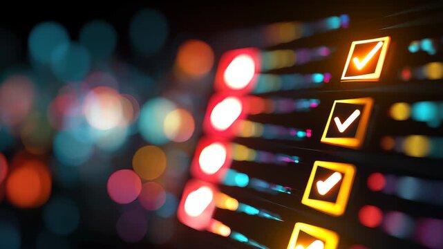 Bright check marks glowing against a colorful abstract background in a digital environment