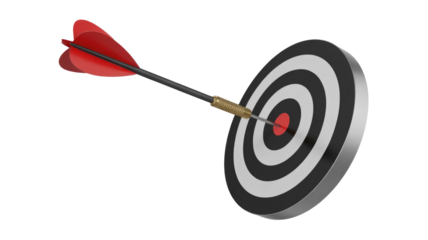 A black dart with red fins perfectly hits the red bullseye of a classic black and white dartboard, symbolizing precision and achieving targets. background removed