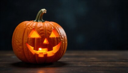 Spooky and Illuminated Pumpkin Jack o lantern with Dripping Wax on a Wooden Table A single, intricately carved pumpkin jack o lantern sitting on a rustic wooden table. The pumpkin has a flickering