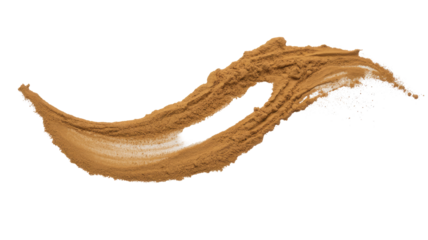 Brown spice powder creates an elegant, flowing wave design with a central negative space, perfect for culinary and cosmetic themes. background removed
