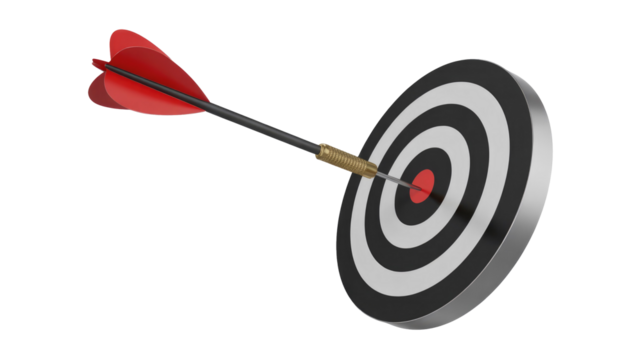 A black dart with red fins perfectly hits the red bullseye of a classic black and white dartboard, symbolizing precision and achieving targets. background removed