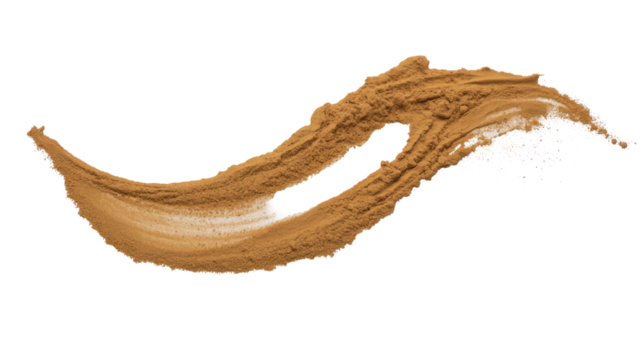 Brown spice powder creates an elegant, flowing wave design with a central negative space, perfect for culinary and cosmetic themes. background removed