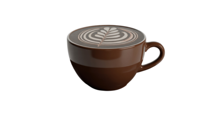 A stylish brown coffee cup filled with a rich, dark beverage, adorned with elegant white fern-like latte art, isolated. background removed